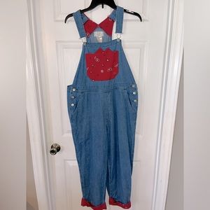 Women’s Overalls, Denim , Red Bandana trim, Large